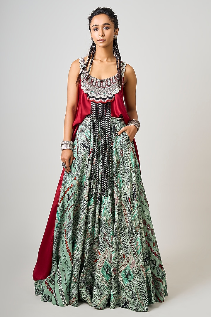 Mint Green Crepe Printed & Hand Embroidered Wedding Lehenga Set by Nupur Kanoi at Pernia's Pop Up Shop