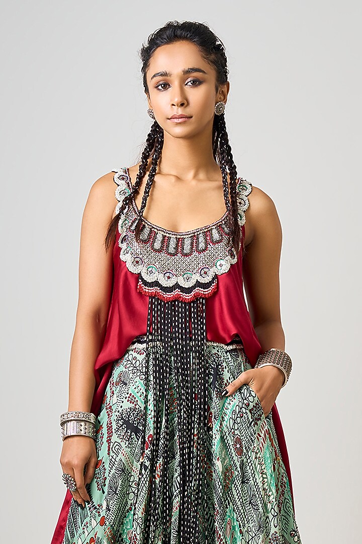 Mint Green Crepe Printed & Hand Embroidered Wedding Lehenga Set by Nupur Kanoi at Pernia's Pop Up Shop