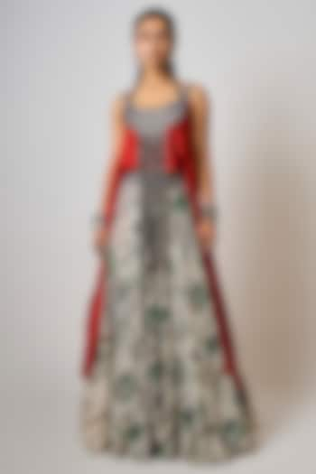 Old Rose Crepe Printed & Hand Embroidered Wedding Lehenga Set by Nupur Kanoi at Pernia's Pop Up Shop