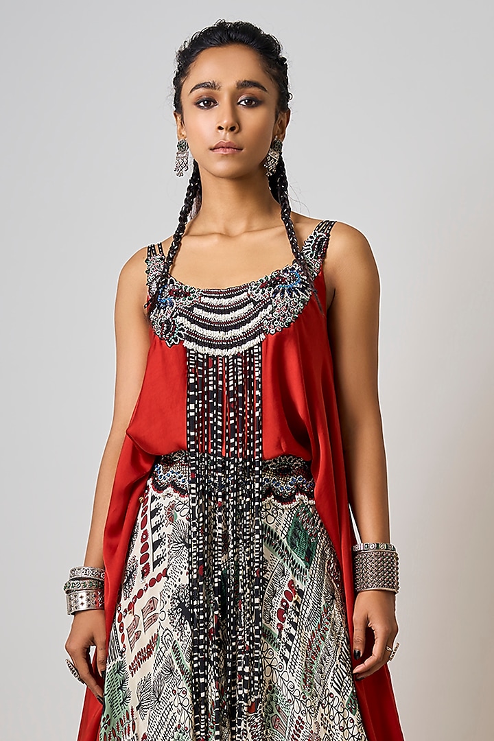 Old Rose Crepe Printed & Hand Embroidered Wedding Lehenga Set by Nupur Kanoi at Pernia's Pop Up Shop