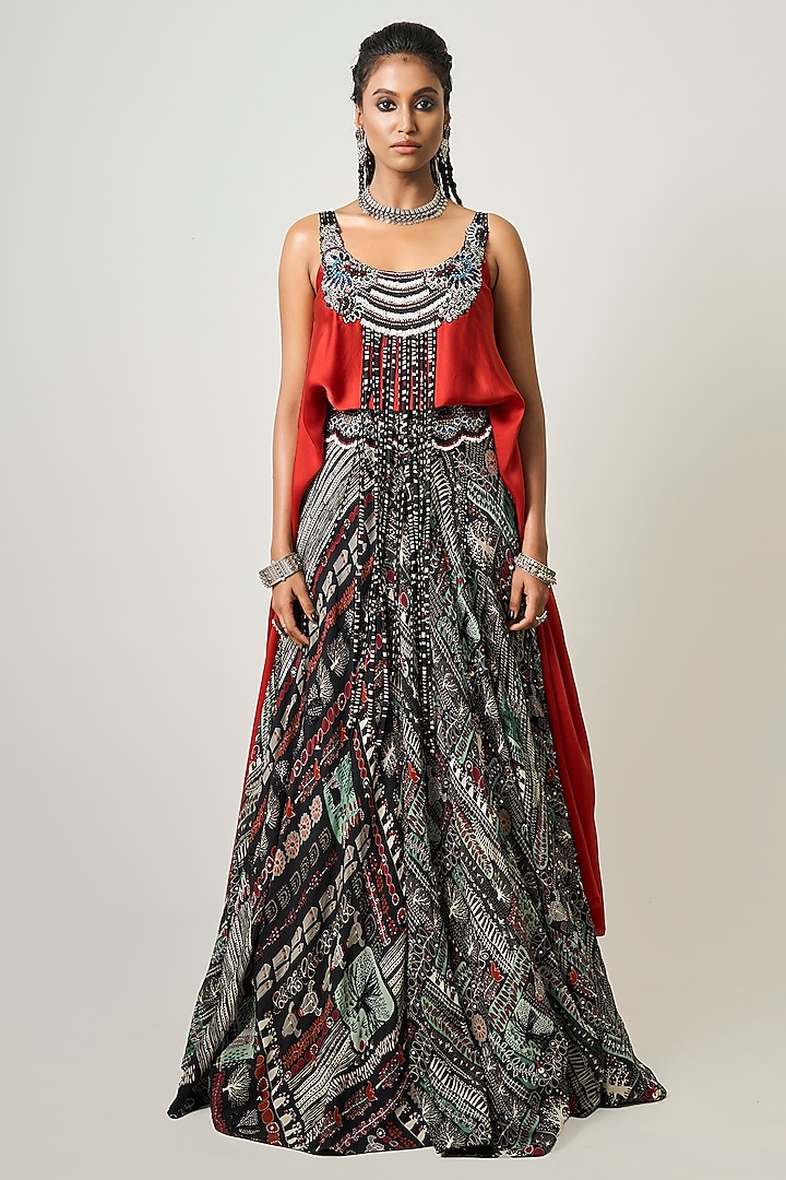 Off-White Crepe Printed & Hand Embroidered Lehenga Set by Nupur Kanoi