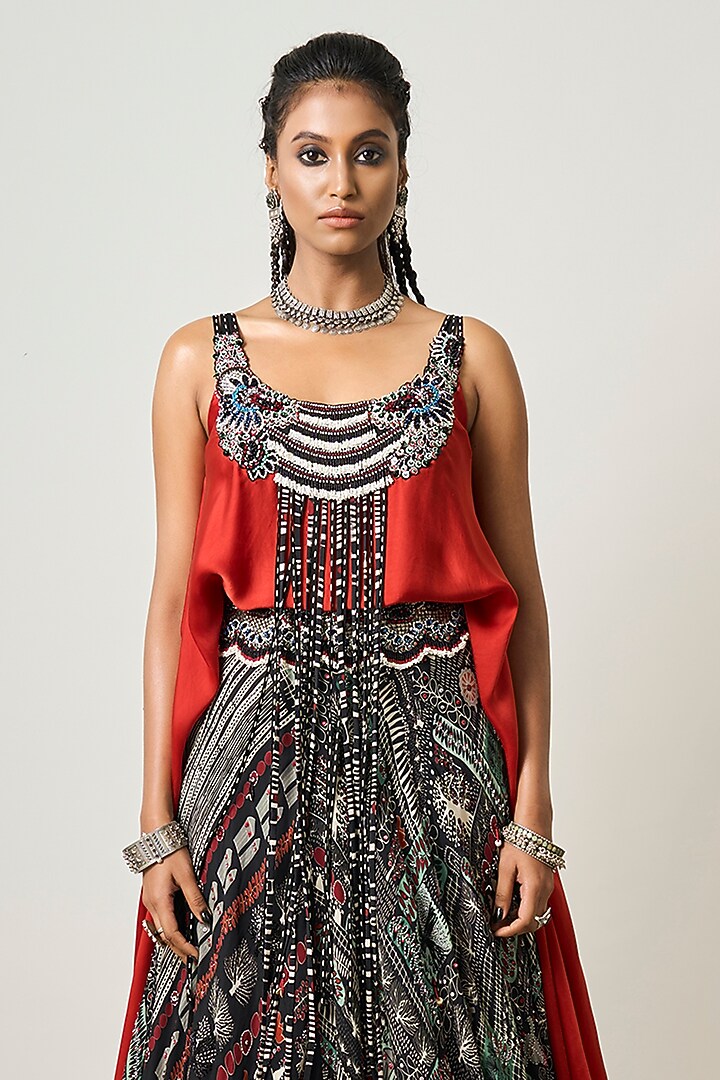 Off-White Crepe Printed & Hand Embroidered Wedding Lehenga Set by Nupur Kanoi at Pernia's Pop Up Shop
