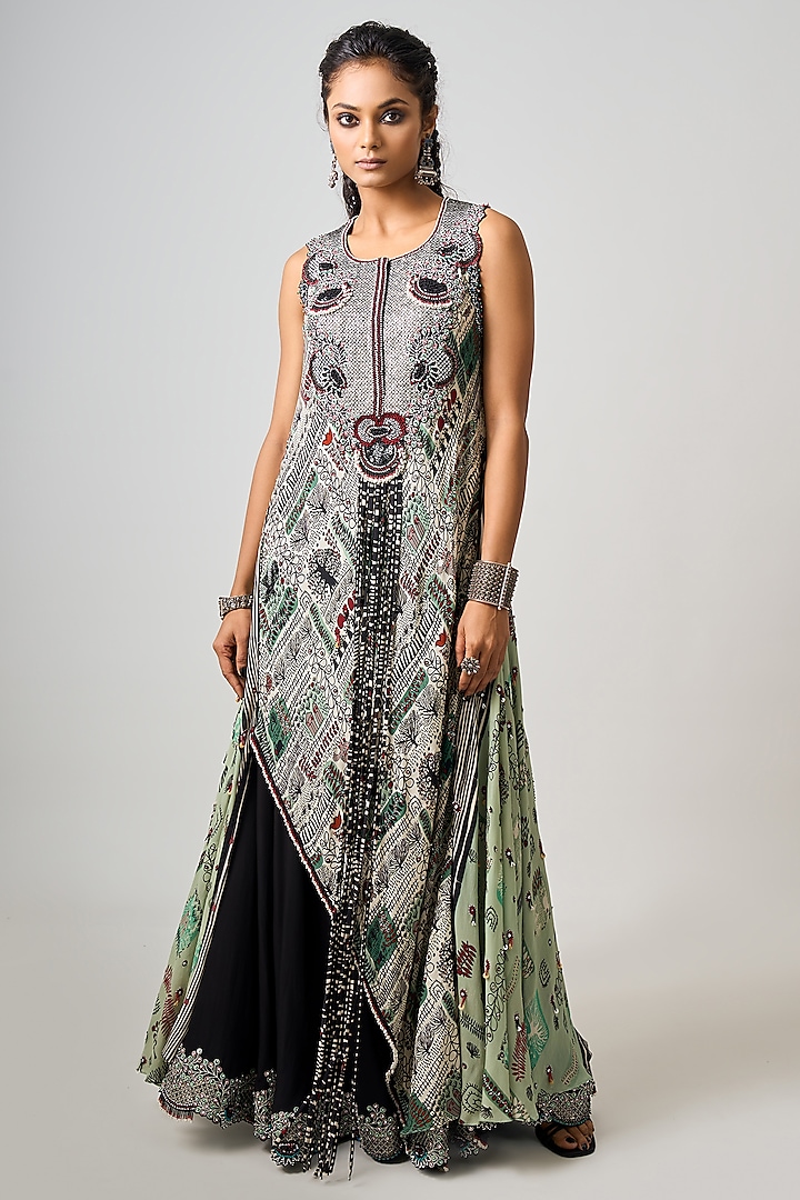 Off-White Crepe Printed Asymmetric Kurta Set by Nupur Kanoi