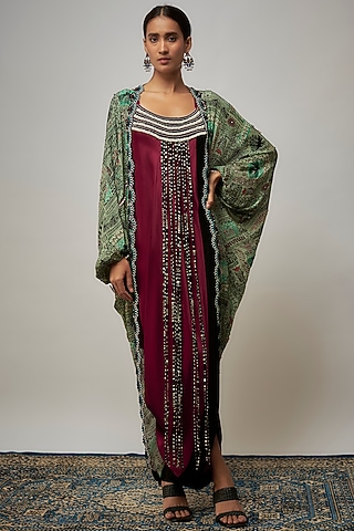 Burgundy Satin Maxi Dress With Cape by Nupur Kanoi