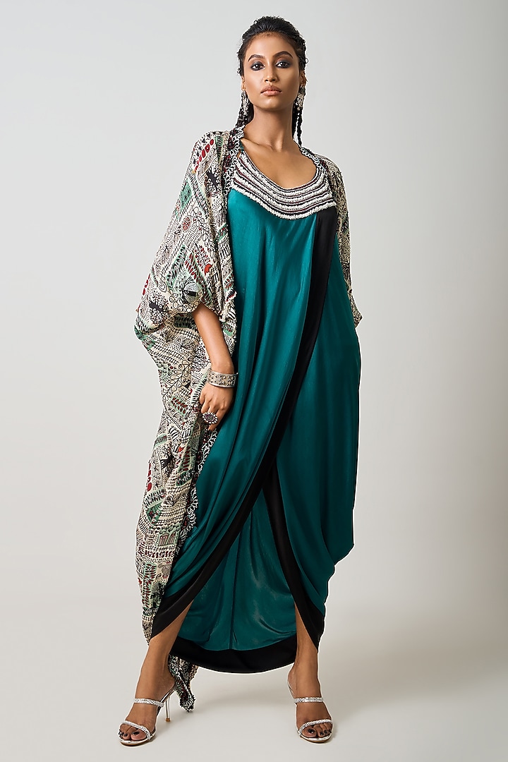 Teal Satin Hand Embroidered Double-Sack Jacket Dress by Nupur Kanoi