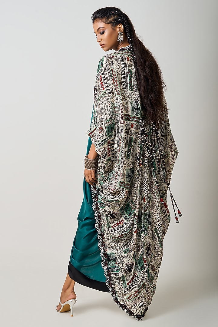 Teal Satin Hand Embroidered Double-Sack Jacket Party Wear Dress by Nupur Kanoi at Pernia's Pop Up Shop