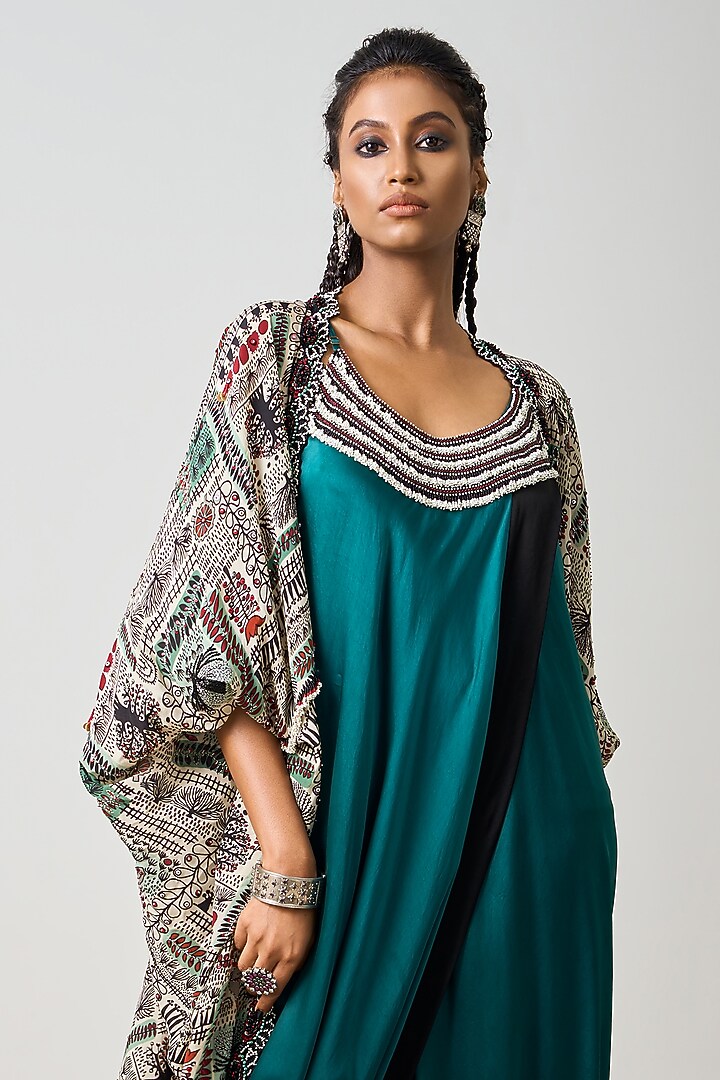 Teal Satin Hand Embroidered Double-Sack Jacket Party Wear Dress by Nupur Kanoi at Pernia's Pop Up Shop