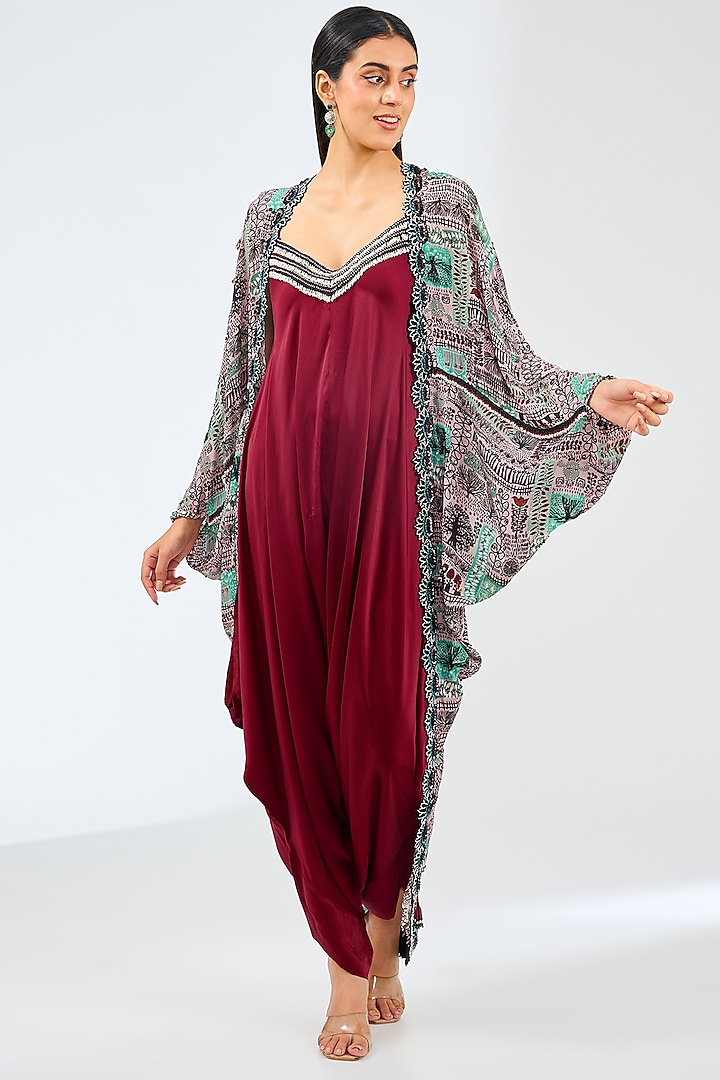 Burgundy Satin Jumpsuit With Cape by Nupur Kanoi at Pernia's Pop Up Shop