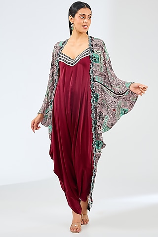 Burgundy Satin Jumpsuit With Cape by Nupur Kanoi