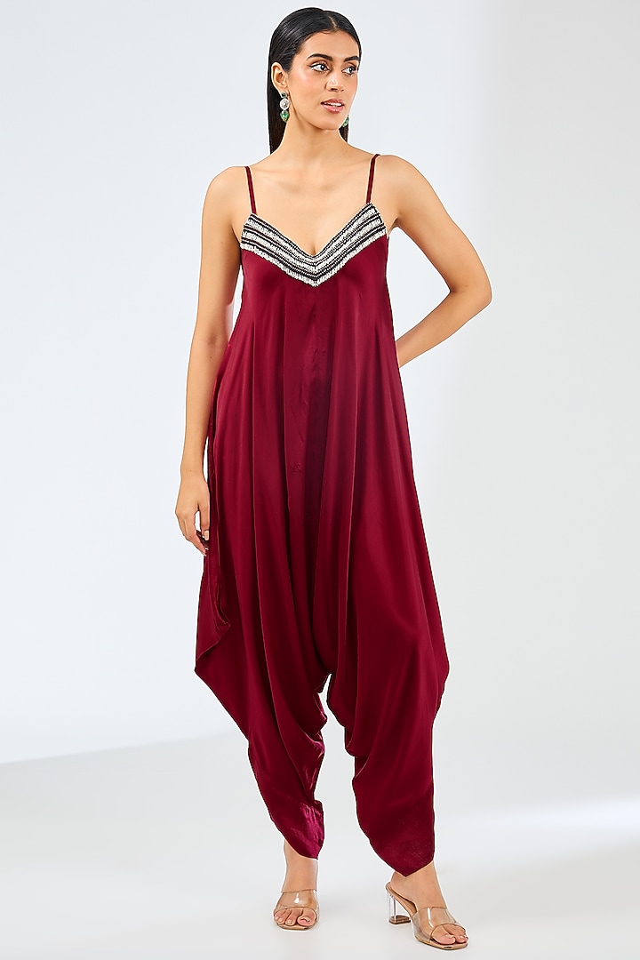 Burgundy Satin Jumpsuit With Cape by Nupur Kanoi at Pernia's Pop Up Shop
