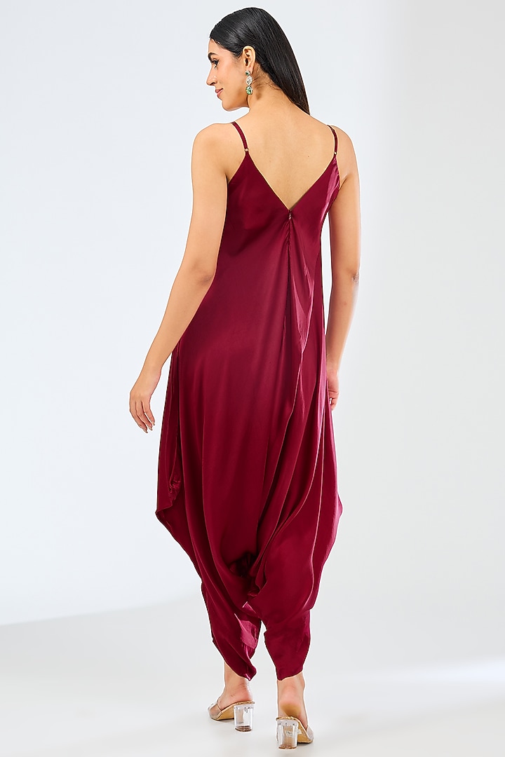 Burgundy Satin Jumpsuit With Cape by Nupur Kanoi at Pernia's Pop Up Shop