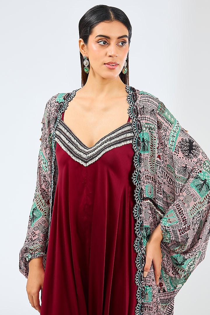 Burgundy Satin Jumpsuit With Cape by Nupur Kanoi at Pernia's Pop Up Shop