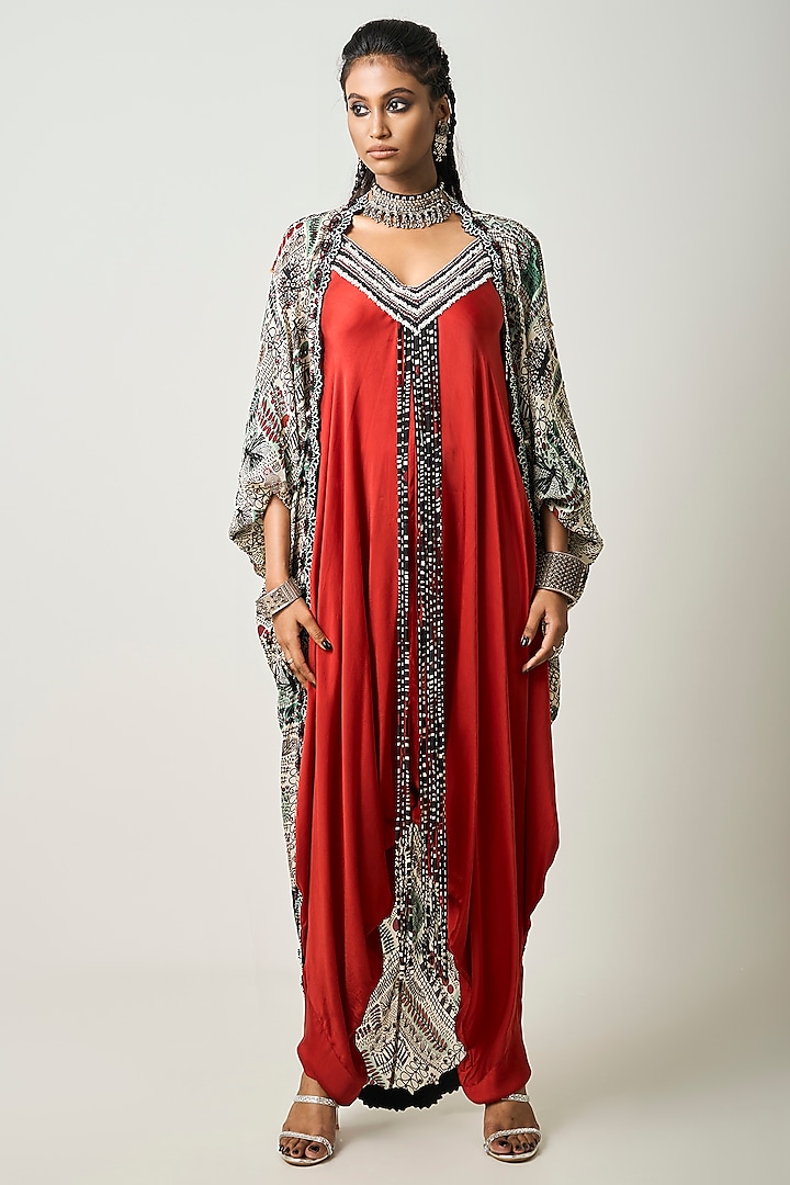 Rust Orange Crepe & Satin Embroidered Draped Jumpsuit With Cape by Nupur Kanoi