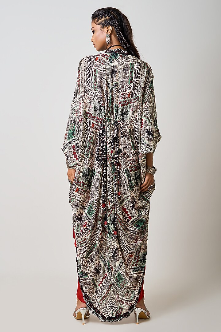 Rust Orange Crepe & Satin Embroidered Draped Jumpsuit With Cape by Nupur Kanoi at Pernia's Pop Up Shop