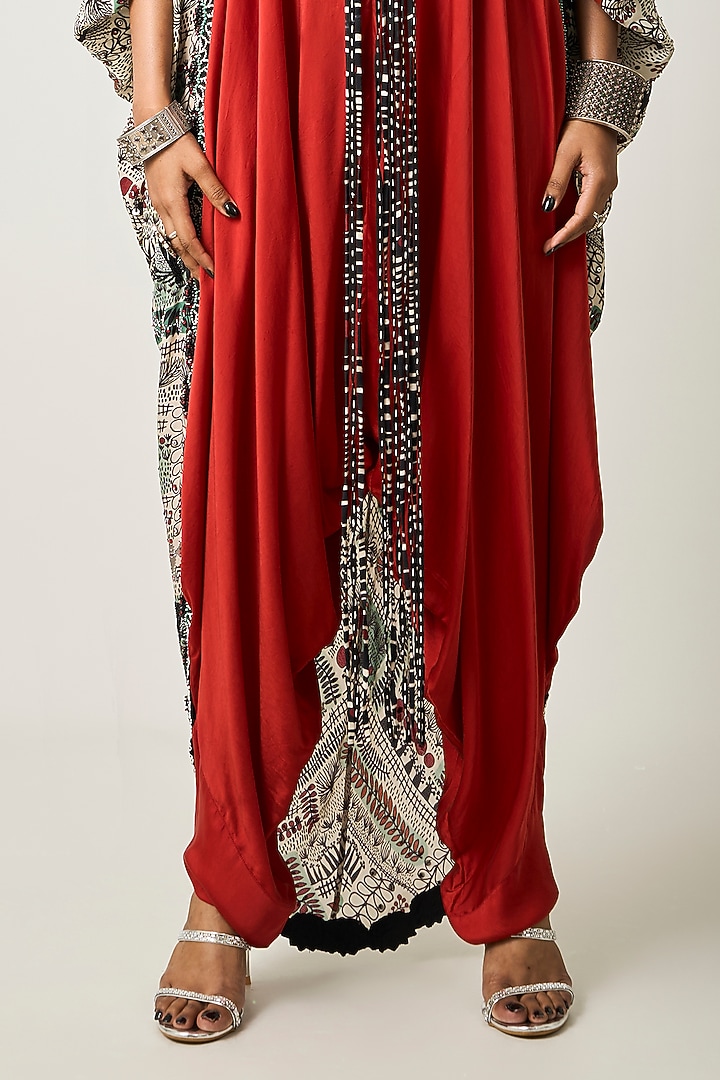 Rust Orange Crepe & Satin Embroidered Draped Jumpsuit With Cape by Nupur Kanoi at Pernia's Pop Up Shop