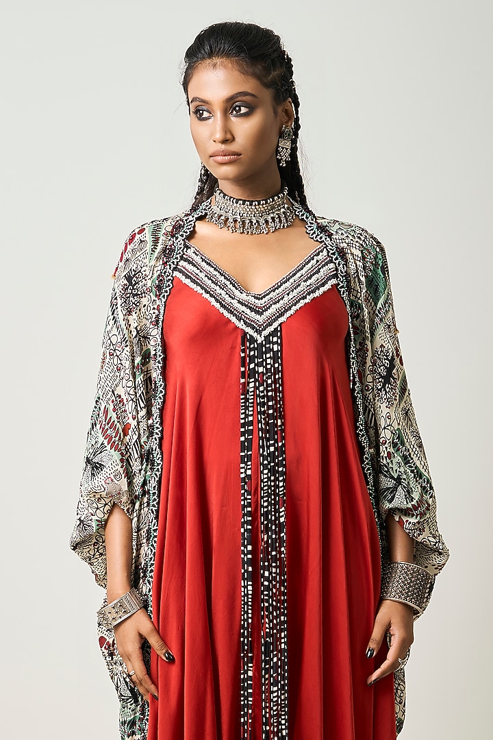 Rust Orange Crepe & Satin Embroidered Draped Jumpsuit With Cape by Nupur Kanoi at Pernia's Pop Up Shop