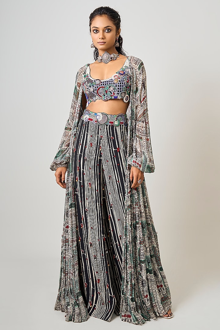 Off-White Crepe & Georgette Printed Tiered Jacket Set by Nupur Kanoi