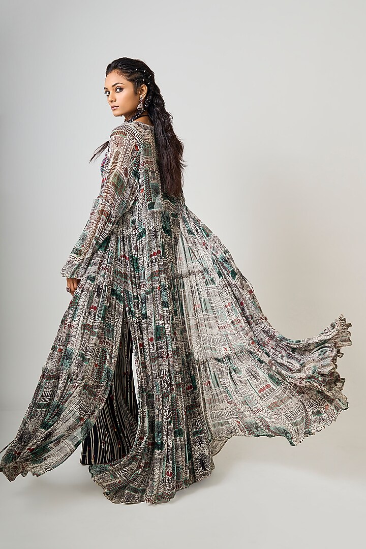 Off-White Crepe & Georgette Printed Tiered Jacket Set by Nupur Kanoi at Pernia's Pop Up Shop