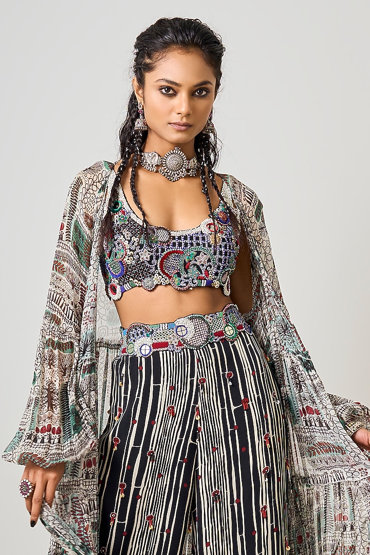 Off-White Crepe & Georgette Printed Tiered Jacket Set by Nupur Kanoi at Pernia's Pop Up Shop