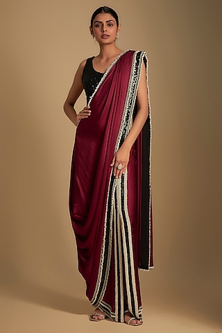 Burgundy Satin Embroidered Pre-Draped Saree Set by Nupur Kanoi