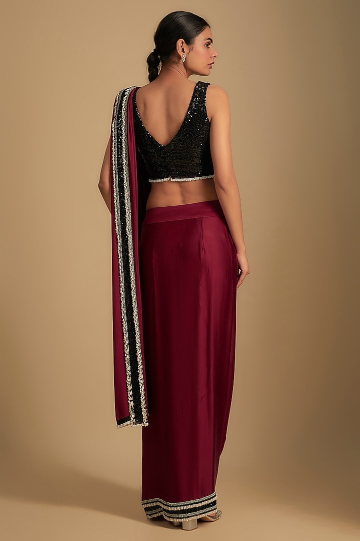 Burgundy Satin Embroidered Pre-Draped Reception Saree Set by Nupur Kanoi at Pernia's Pop Up Shop