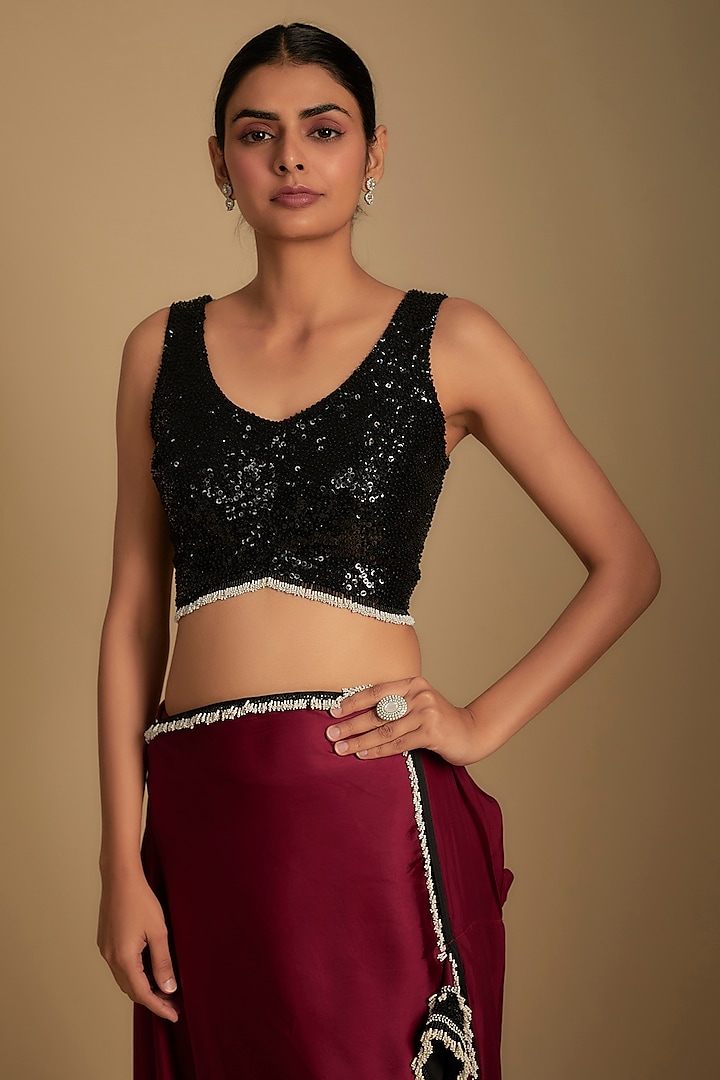 Burgundy Satin Embroidered Pre-Draped Reception Saree Set by Nupur Kanoi at Pernia's Pop Up Shop