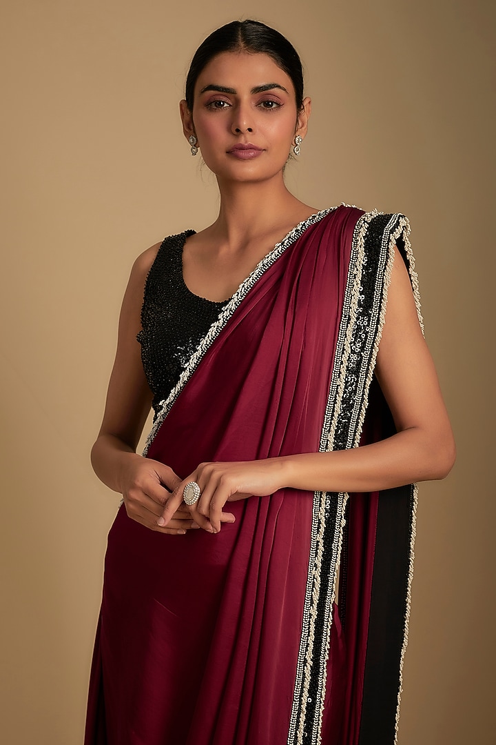 Burgundy Satin Embroidered Pre-Draped Reception Saree Set by Nupur Kanoi at Pernia's Pop Up Shop
