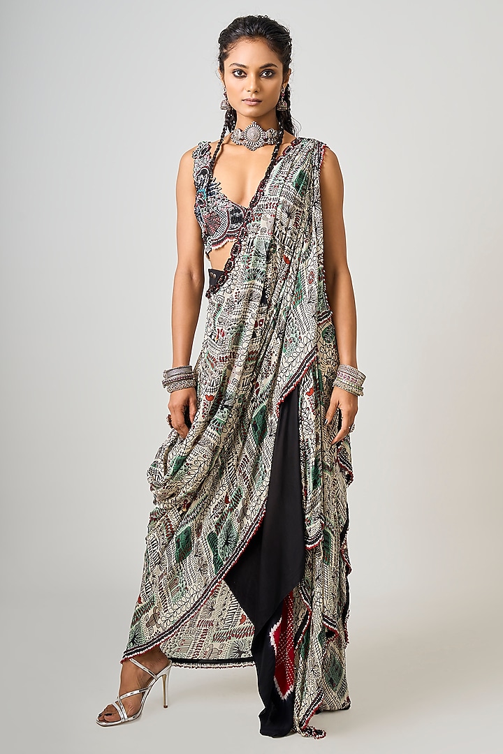 Off-White Crepe Printed & Hand Embroidered Pre-Draped Saree Set by Nupur Kanoi