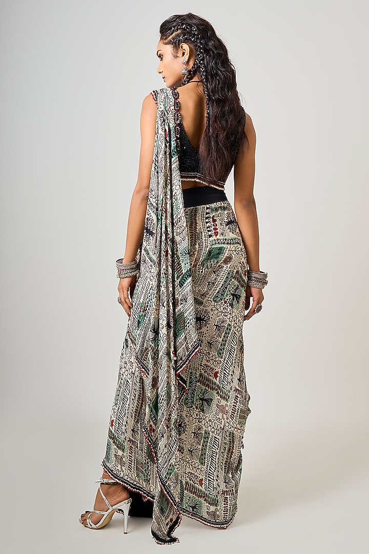 Off-White Crepe Printed & Hand Embroidered Pre-Draped Reception Saree Set by Nupur Kanoi at Pernia's Pop Up Shop