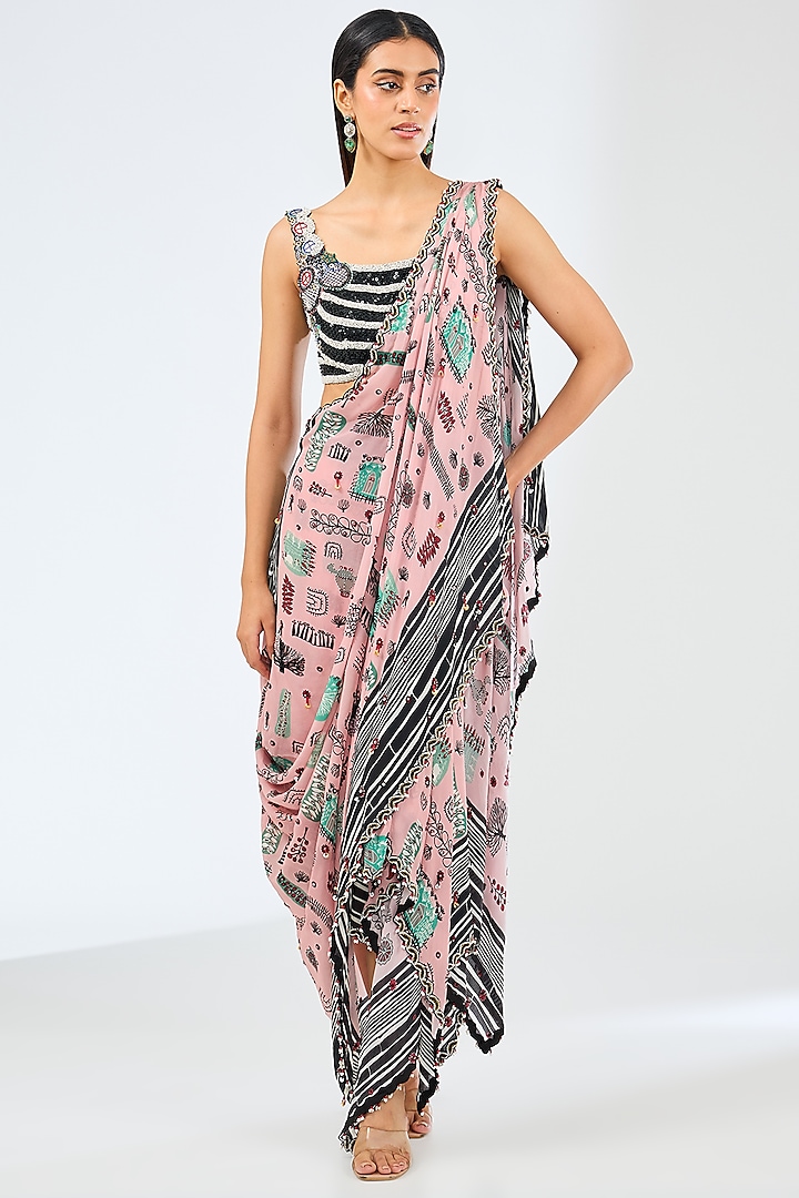 Old-Rose Crepe Digital Printed & Hand Embroidered Draped Cowl Saree Set by Nupur Kanoi at Pernia's Pop Up Shop