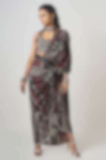 Black Crepe Hand Embroidered & Printed Pre-Draped Reception Saree Set by Nupur Kanoi at Pernia's Pop Up Shop