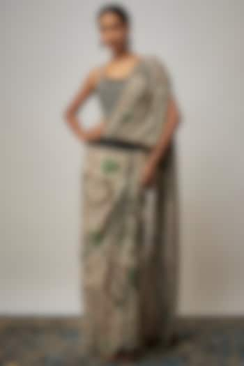 Off-White Crepe & Lycra Printed Pre-Draped Saree Set by Nupur Kanoi at Pernia's Pop Up Shop