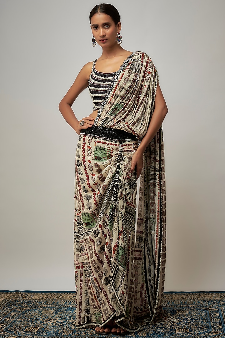 Off-White Crepe & Lycra Printed Pre-Draped Saree Set by Nupur Kanoi at Pernia's Pop Up Shop