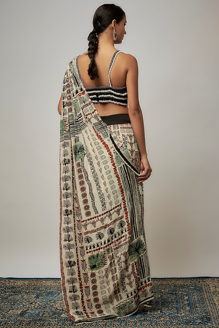 Off-White Crepe & Lycra Printed Pre-Draped Reception Saree Set by Nupur Kanoi at Pernia's Pop Up Shop