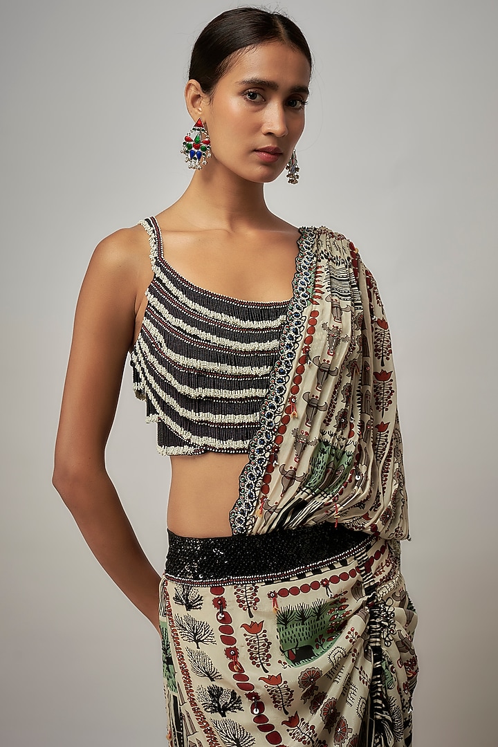 Off-White Crepe & Lycra Printed Pre-Draped Reception Saree Set by Nupur Kanoi at Pernia's Pop Up Shop