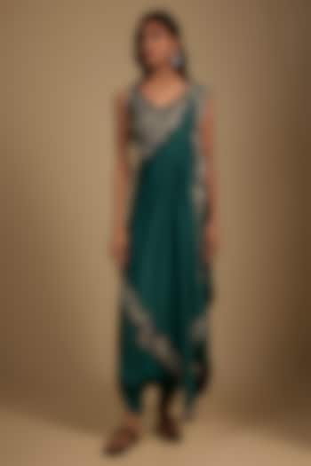 Teal Silk Thread & Sequin Hand Embroidered Pre-Draped Dhoti Reception Saree Set by Nupur Kanoi at Pernia's Pop Up Shop
