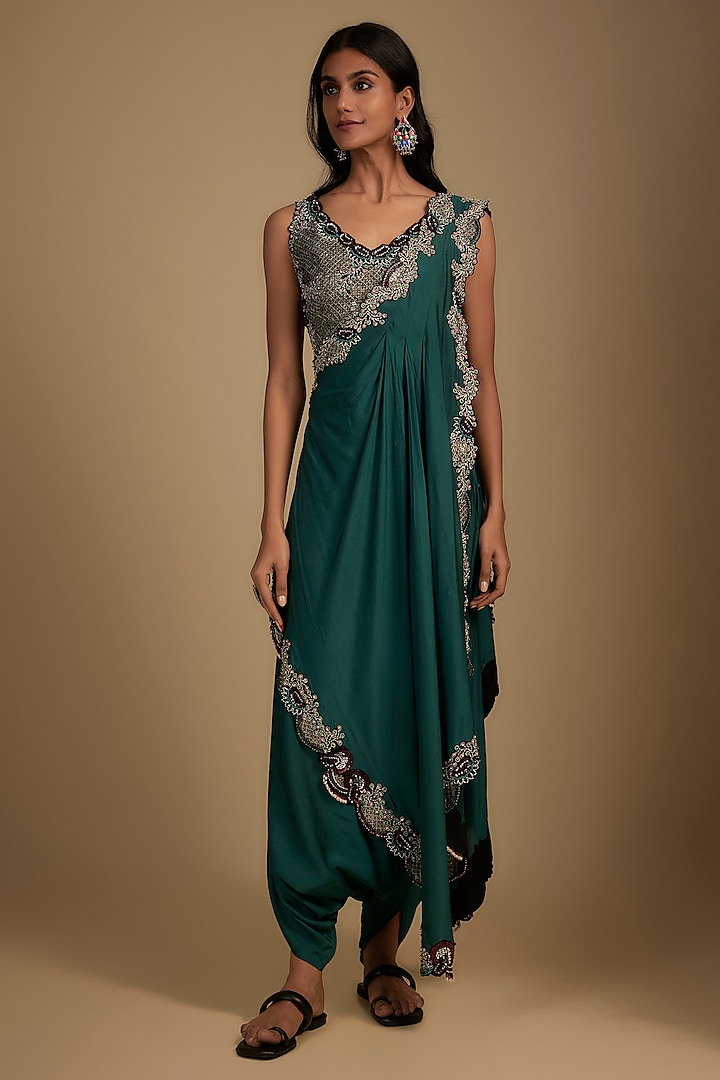 Teal Silk Thread & Sequin Hand Embroidered Pre-Draped Dhoti Reception Saree Set by Nupur Kanoi at Pernia's Pop Up Shop