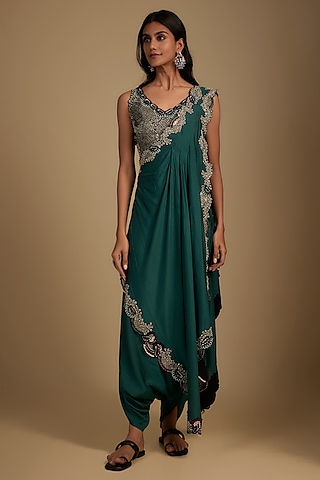 Teal Silk Thread & Sequin Hand Embroidered Pre-Draped Dhoti Saree Set by Nupur Kanoi