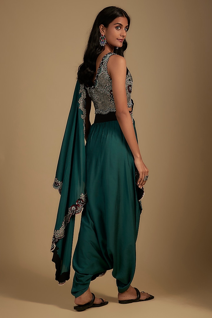 Teal Silk Thread & Sequin Hand Embroidered Pre-Draped Dhoti Reception Saree Set by Nupur Kanoi at Pernia's Pop Up Shop