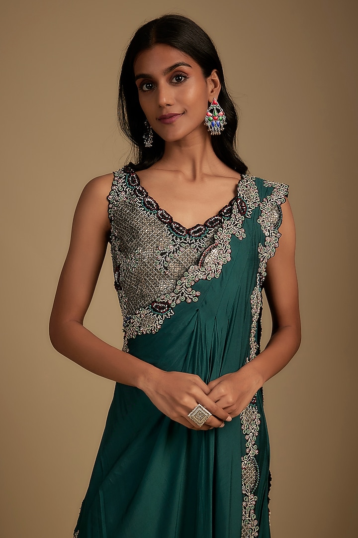 Teal Silk Thread & Sequin Hand Embroidered Pre-Draped Dhoti Reception Saree Set by Nupur Kanoi at Pernia's Pop Up Shop
