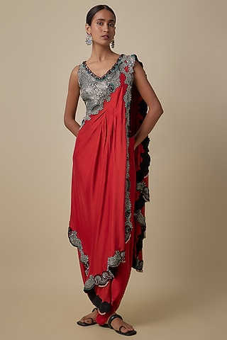 Orange Silk Hand Embroidered Dhoti Saree Set by Nupur Kanoi