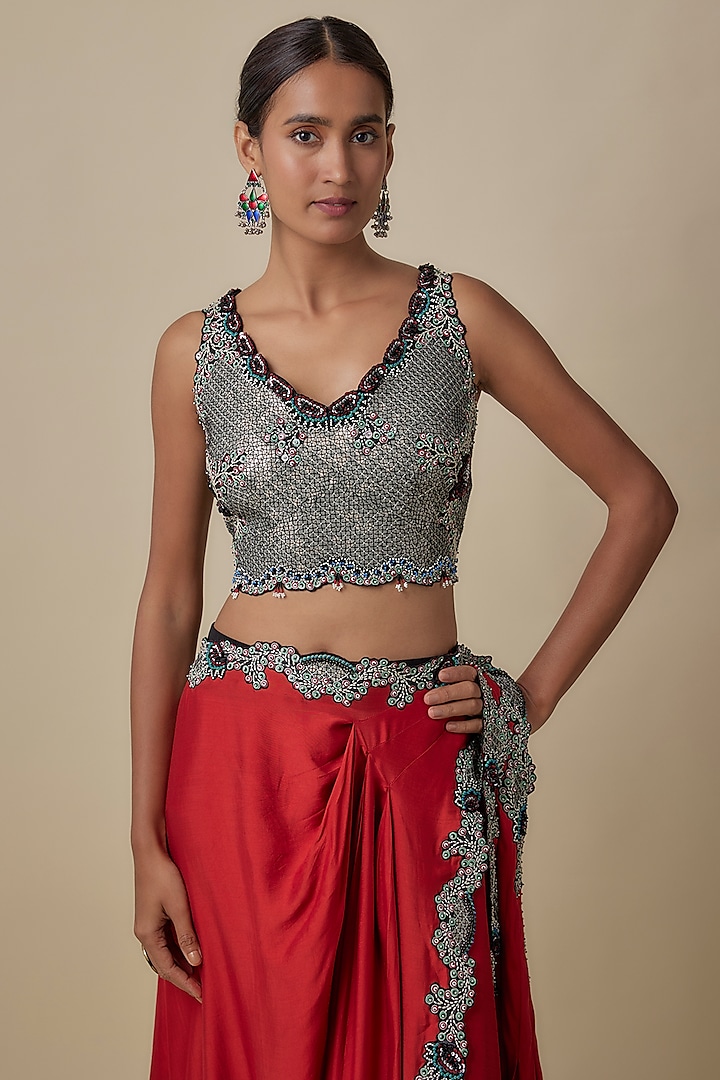 Orange Silk Hand Embroidered Dhoti Reception Saree Set by Nupur Kanoi at Pernia's Pop Up Shop