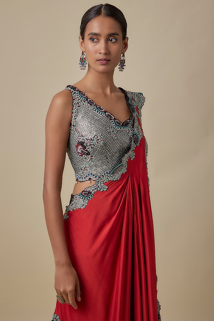 Orange Silk Hand Embroidered Dhoti Reception Saree Set by Nupur Kanoi at Pernia's Pop Up Shop