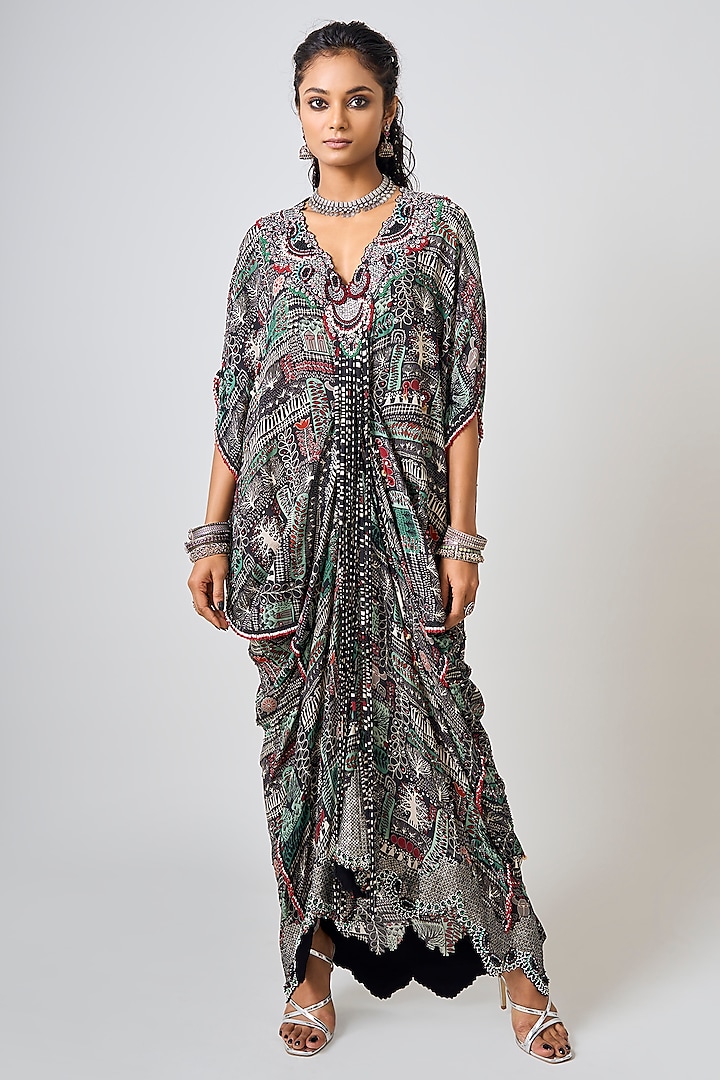 Black Crepe Printed & Hand Embroidered Kaftan Rekha Dress by Nupur Kanoi