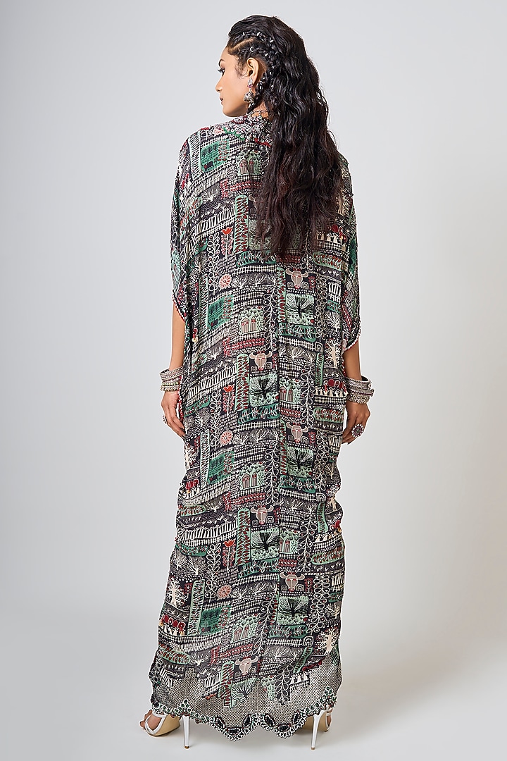 Black Crepe Printed & Hand Embroidered Kaftan Rekha Party Wear Dress by Nupur Kanoi at Pernia's Pop Up Shop