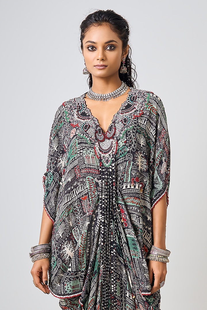 Black Crepe Printed & Hand Embroidered Kaftan Rekha Party Wear Dress by Nupur Kanoi at Pernia's Pop Up Shop
