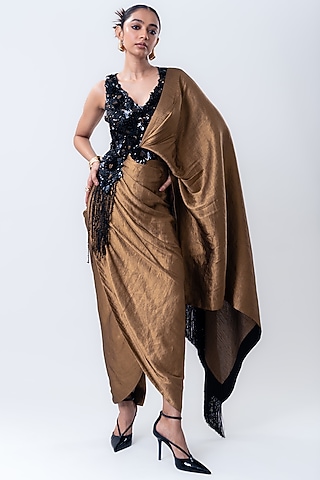 Gold Banarasi Silk & Lycra Pre-Draped Saree Set by Nupur Kanoi