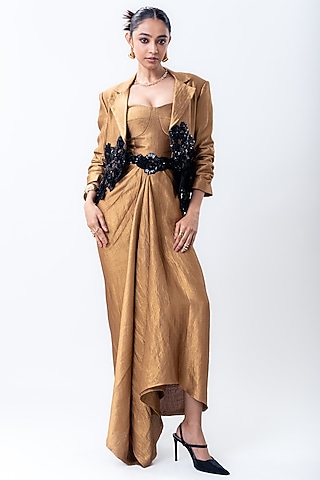 Gold Banarasi Silk Embroidered Jacket Dress by Nupur Kanoi