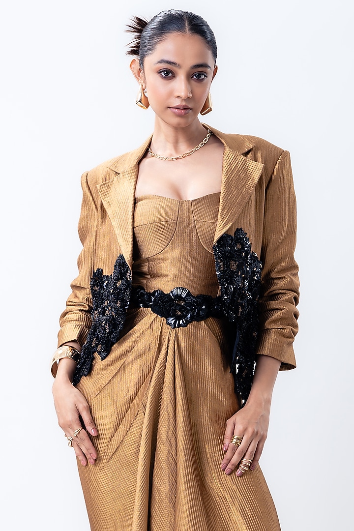 Gold Banarasi Silk Embroidered Jacket Party Wear Dress by Nupur Kanoi at Pernia's Pop Up Shop