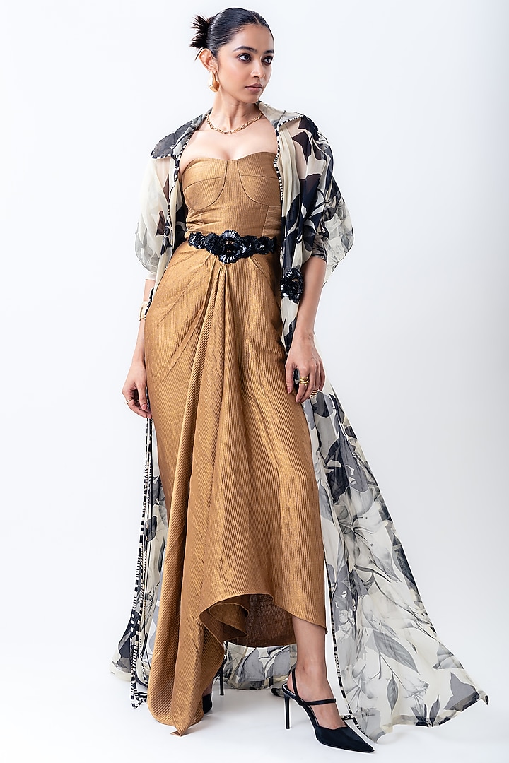 Gold Banarasi Silk & Organza Jacket Party Wear Dress by Nupur Kanoi at Pernia's Pop Up Shop